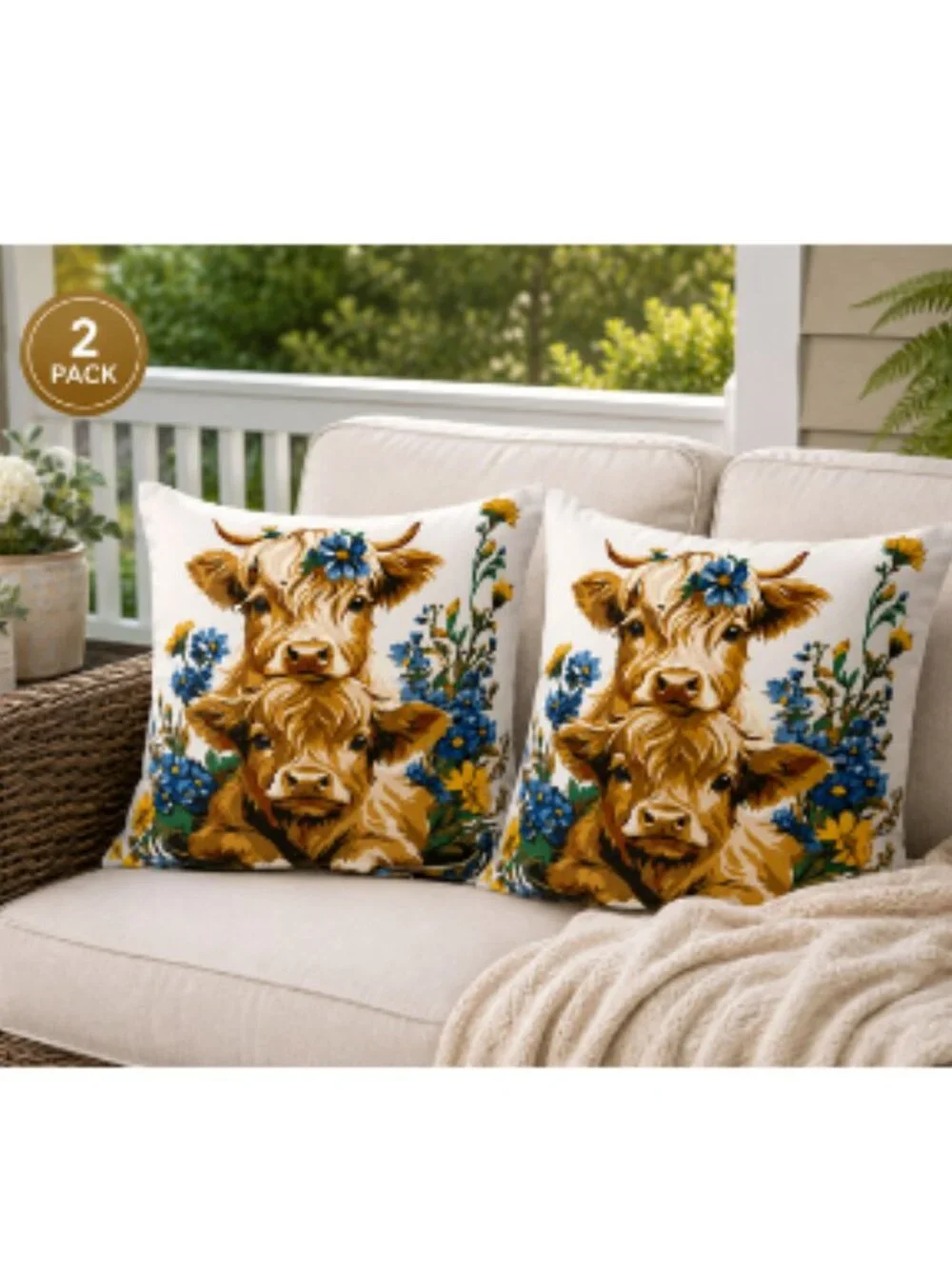 Mainstays Set of 2 Highland Cow Outdoor Throw Pillows 16x16 Farmhouse Floral